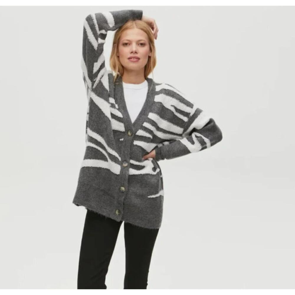 Michael Stars Cardigan Sweater Womens Size 2X Gray White Zebra Print Knit Preppy